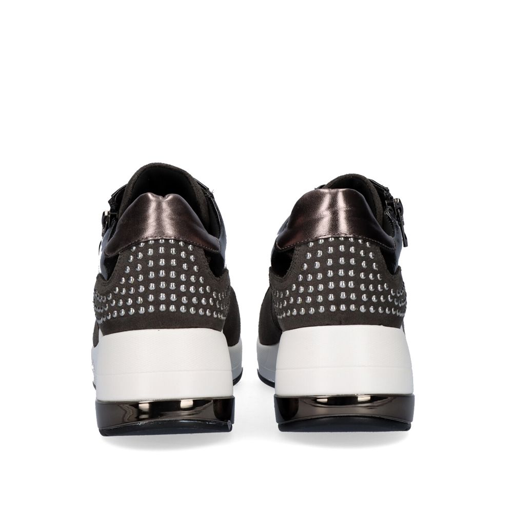 Rear view of Renato Garini EX34 grey wedge sneakers showing studded heel panels, metallic heel accents and white wedge soles