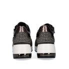 Rear view of Renato Garini EX34 grey wedge sneakers showing studded heel panels, metallic heel accents and white wedge soles