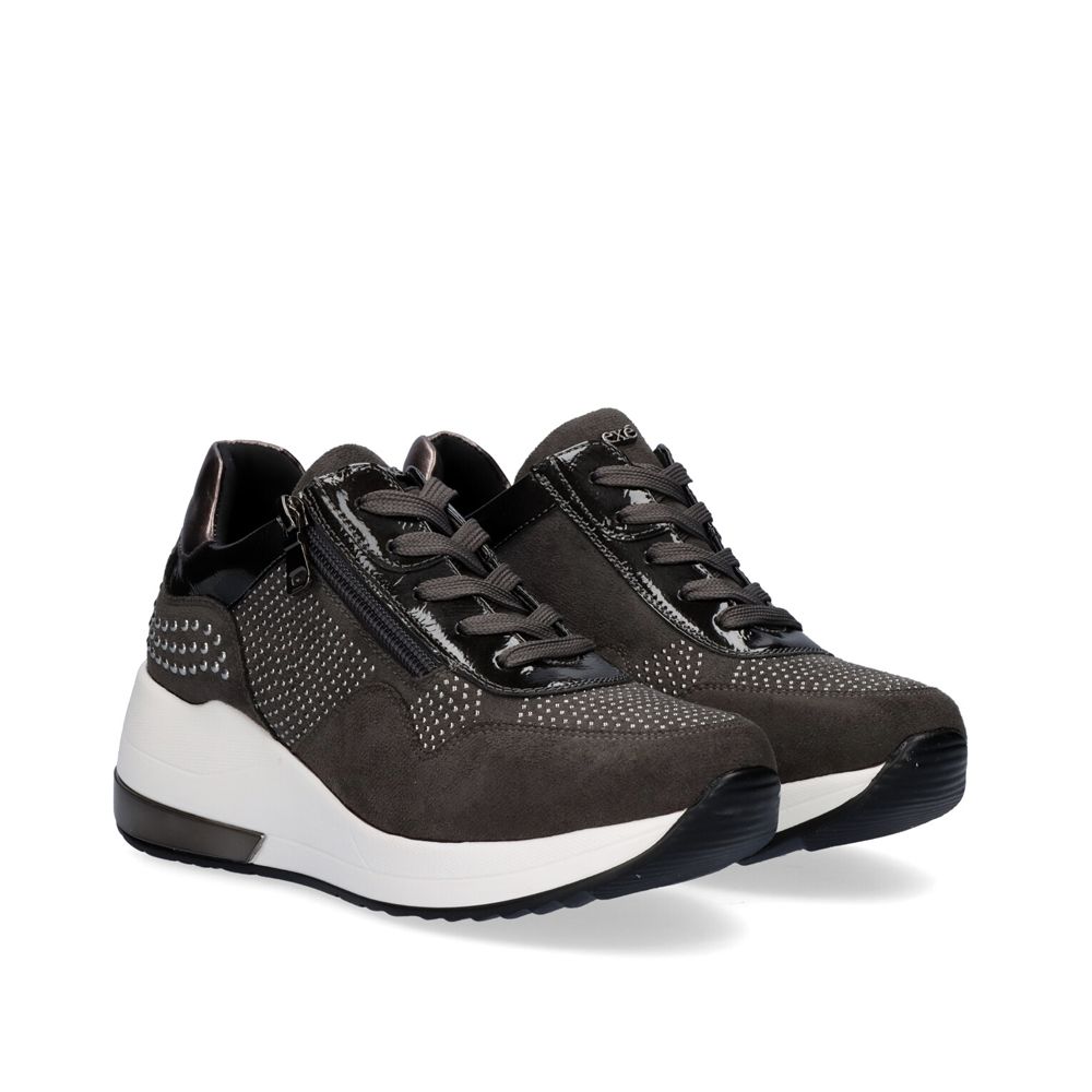 Pair of Renato Garini EX34 grey wedge sneakers shown at a three-quarter angle, with sparkling panels, laces and contrasting white soles