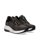 Pair of Renato Garini EX34 grey wedge sneakers shown at a three-quarter angle, with sparkling panels, laces and contrasting white soles