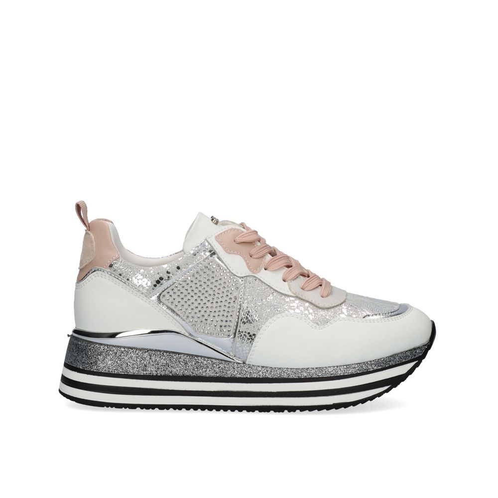 Renato Garini RG2210B silver platform sneaker with sparkling panels, white overlays, blush laces and a black-and-white striped sole, side profile