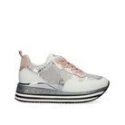 Renato Garini RG2210B silver platform sneaker with sparkling panels, white overlays, blush laces and a black-and-white striped sole, side profile