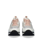 Front view of Renato Garini RG2210B silver platform sneakers with blush laces, silver toe panels, white overlays and black outsole edges
