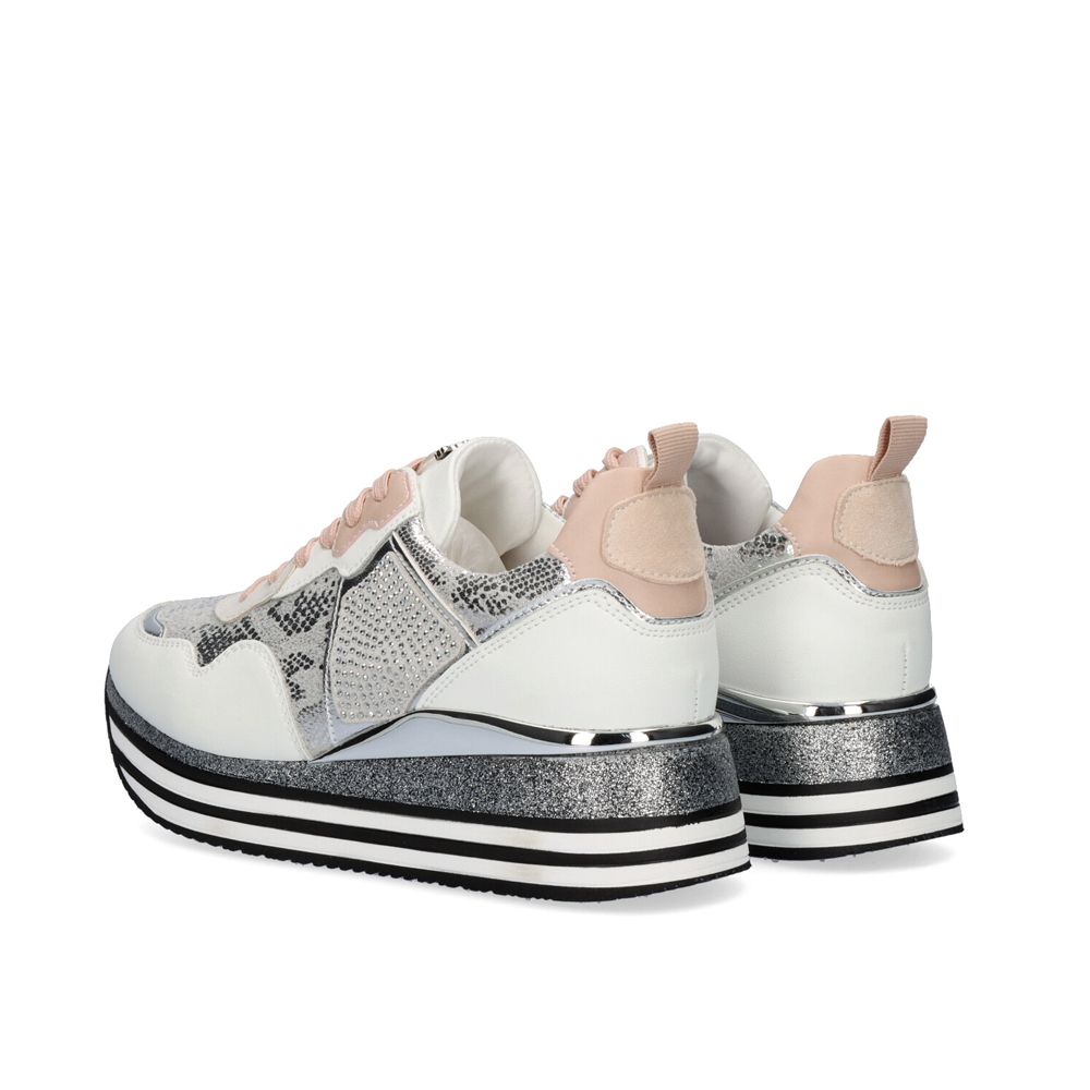 Rear three-quarter view of Renato Garini RG2210B silver sneakers showing blush heel tabs, sparkling panels and black-and-white striped platforms