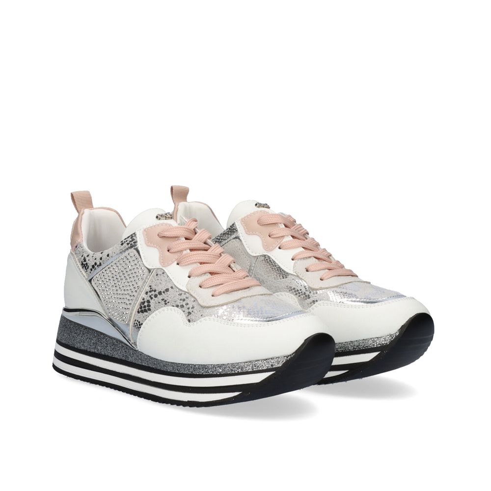 Pair of Renato Garini RG2210B silver platform sneakers at a three-quarter angle, with glittering panels, blush laces and striped soles