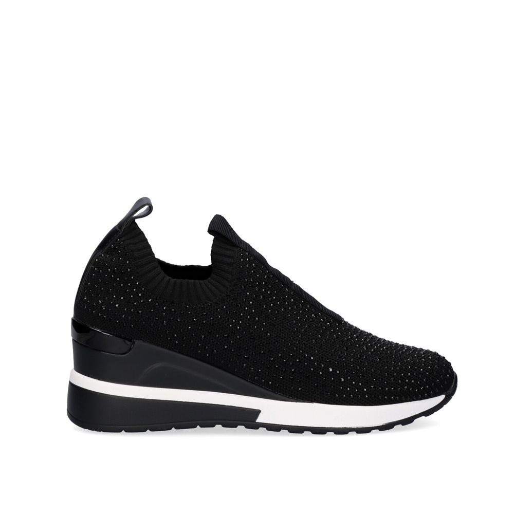 Renato Garini WEX22 black rhinestone slip-on wedge sneaker with ribbed collar and contrasting black-and-white sole, side profile