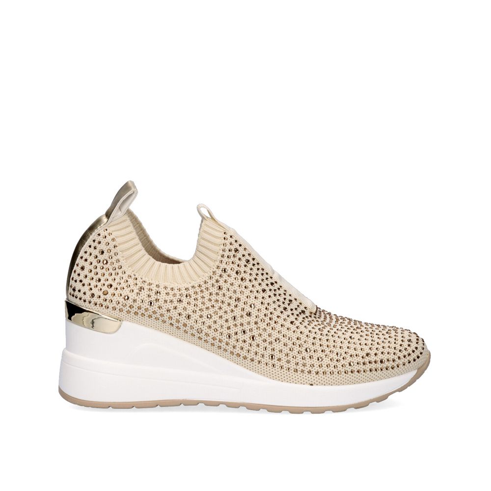 Renato Garini WEX22 gold slip-on wedge sneaker with rhinestone embellishments, ribbed collar, metallic heel accent and white sole, side profile