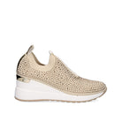 Renato Garini WEX22 gold slip-on wedge sneaker with rhinestone embellishments, ribbed collar, metallic heel accent and white sole, side profile