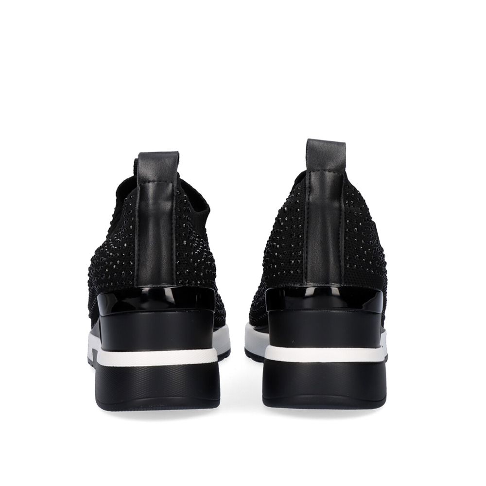 Renato Garini WEX22 black slip-on wedge sneakers, rear view showing heel pull tabs, glossy heel trim and black-and-white soles
