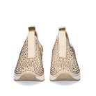 Pair of Renato Garini WEX22 gold rhinestone slip-on wedge sneakers, front view showing rounded toes and pull tabs
