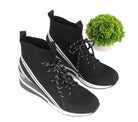 Pair of Renato Garini WEX23 black knit high-top wedge sneakers with flecked laces and white diagonal stripes, three-quarter styled view