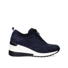 Renato Garini WEX24 blue wedge sneaker with rhinestone-covered panels, front zipper and contrasting white sole, side profile