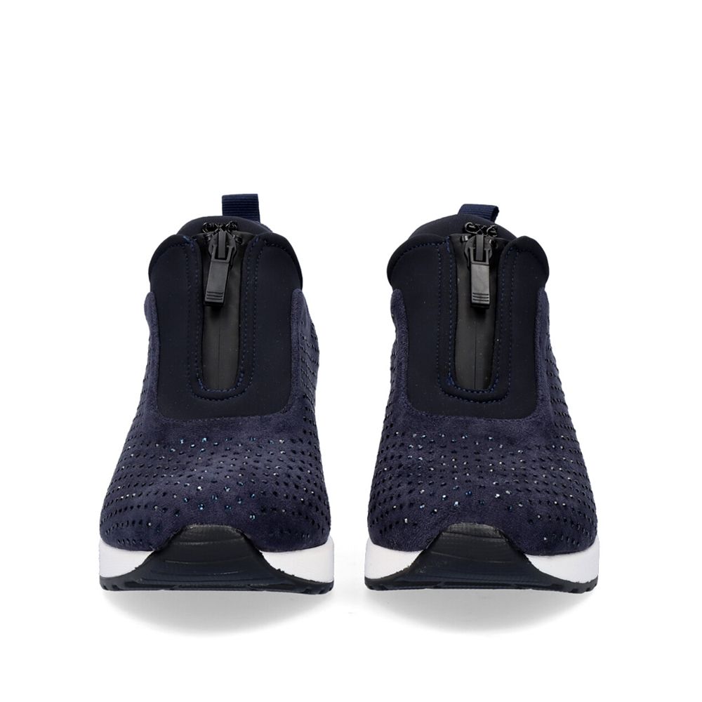 Front view of Renato Garini WEX24 blue wedge sneakers with central zippers, rhinestone-covered toe panels and contrasting white soles