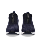 Front view of Renato Garini WEX24 blue wedge sneakers with central zippers, rhinestone-covered toe panels and contrasting white soles