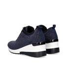 Rear three-quarter view of Renato Garini WEX24 blue sneakers with rhinestone side panels, heel pull tabs and raised white wedge soles