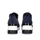 Rear view of Renato Garini WEX24 blue wedge sneakers showing rhinestone heel panels, pull tabs and contrasting black-and-white soles