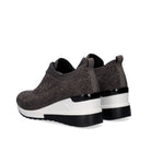 Rear three-quarter view of Renato Garini WEX24 grey sneakers with rhinestone side panels, heel pull tabs and raised white wedge soles