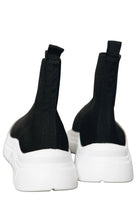 Renato Garini WEX48 black stretch-knit high-top sneakers showing back pull tabs, vertical heel seams and thick white wedge soles, pair viewed from the rear