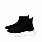 Renato Garini WEX48 black stretch-knit high-top sneakers with sock-style ankle collars, pull tabs and chunky white wedge soles, pair in side profile
